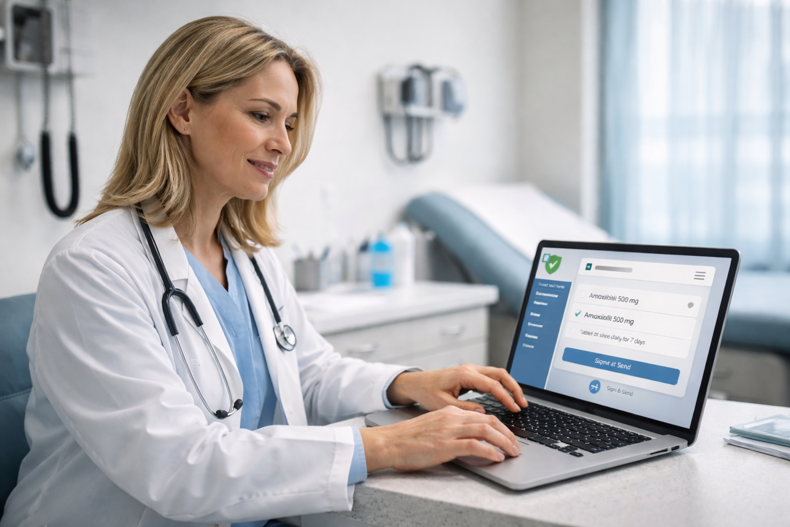 Doctor using laptop/tablet in clinic or telemedicine setting